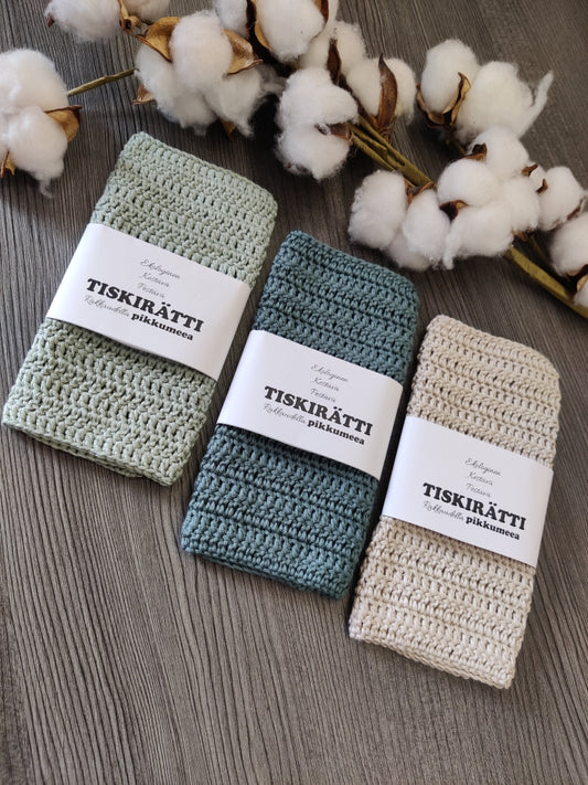 Virkattu tiskirätti - bambulanka 70% (eri värejä)