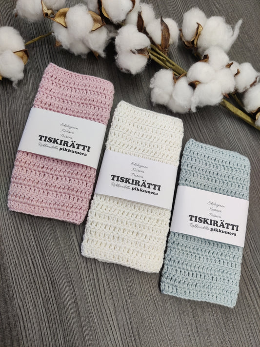 Virkattu tiskirätti - bambulanka 50% (eri värejä)