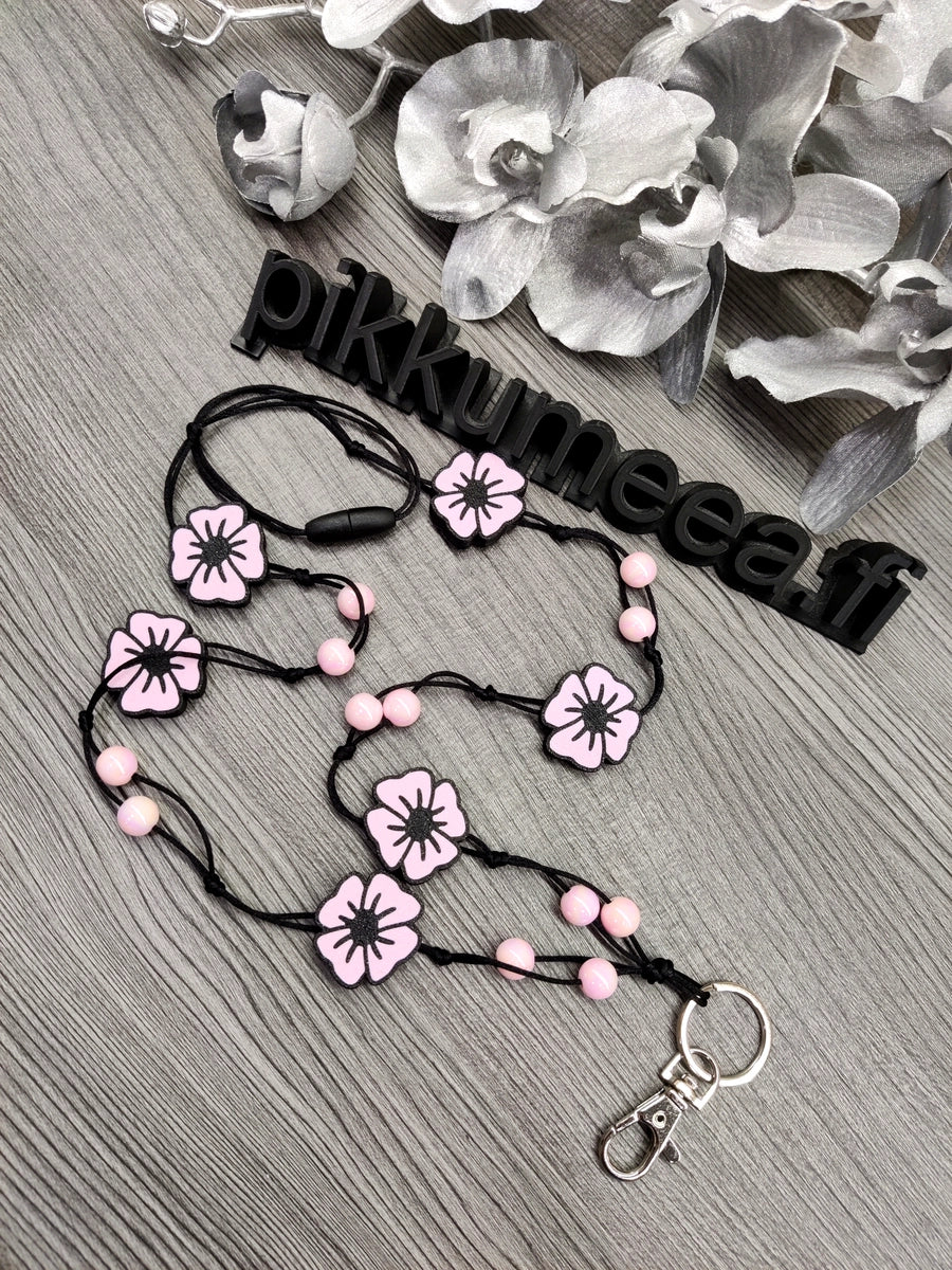 Avainkaulanauha akryylihelmistä Unikko 90cm (vaaleanpunainen)