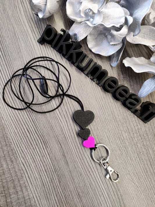 Avainkaulanauha Sydän 90cm (pinkki / musta kimaltava) - pikkumeea